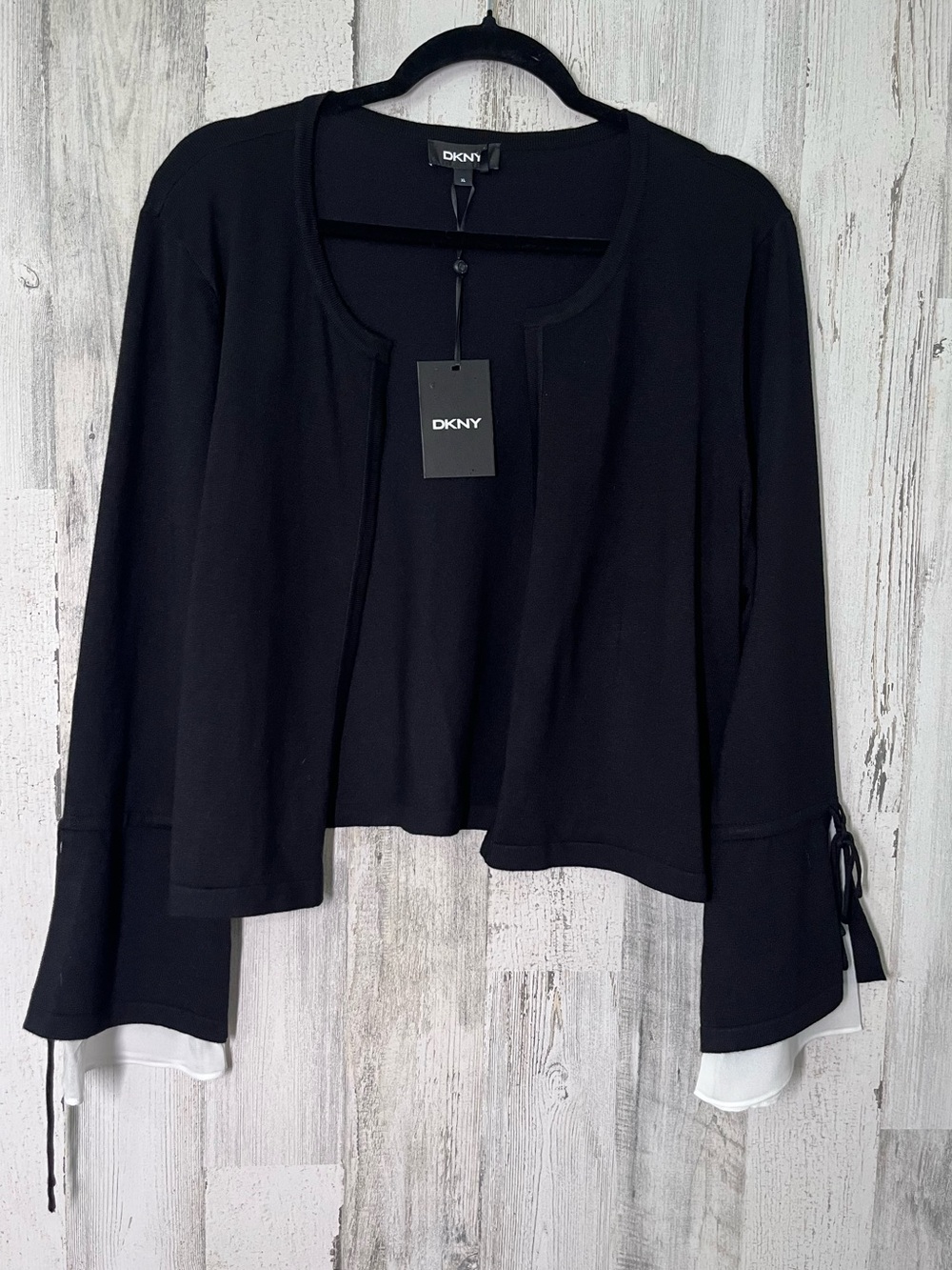 DKNY Black Layered-Hem Long Sleeve Cardigan with White Cuffs Nwt XL